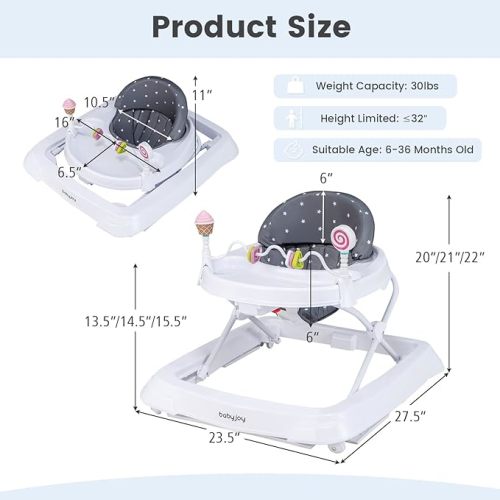 BABY JOY Baby Walker, Foldable Activity Walker Helper with Adjustable Height, Baby Activity Walker with High Back Padded Seat & Bear Toys (Gray, Star Pattern) - Gray (Star Pattern)