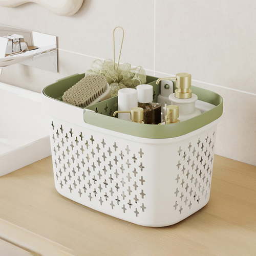 Handheld Bathroom Storage Basket | Plastic Shower Organizer | Breathable Hollow Design | Wet Dry Separation | Thickened Durable Material | Partitioned Zoned Compartments | 27x19x17cm | 1 Pack |