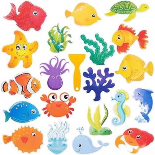 Bathtub Non-Slip Stickers for Shower - 20 PCS Large Anti-Slip Cute Sea Creature Stickers with Scraper for Kids Bath Tub and Slippery Shower Floor, Perfect Bathroom Decor