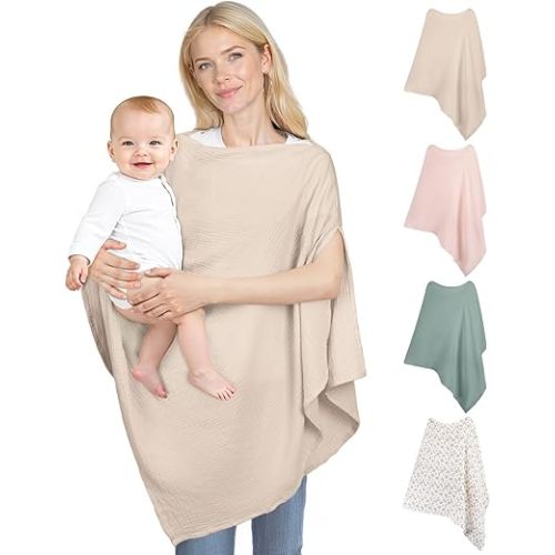 Muslin Nursing Cover Up for Breastfeeding, Soft & Breathable Cotton Breast Feeding Cover for Women, Full Privacy Breastfeeding Cover - Newborn Baby Essential, Light Brown