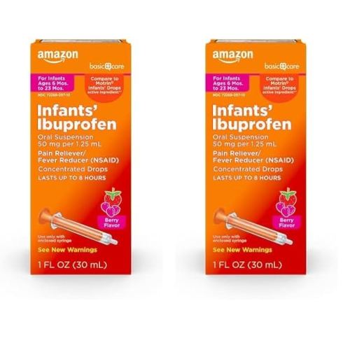 Amazon Basic Care Infants' Ibuprofen Oral Suspension Drops, 50 mg per 1.25 mL, Berry Flavor, for Minor Aches and Pains, Sore Throat, Headache Relief and More, 1 fl oz (Pack of 2)
