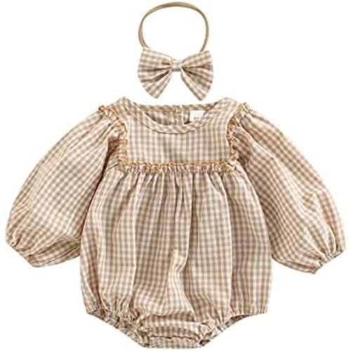 Infant Baby Girl Bubble Romper Boho Clothes Long Sleeve Cotton Smocked Jumpsuit Outfit with Headband
