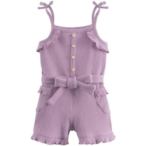 Miipat Toddler Girl Jumpsuit Sleeveless Ruffle One-Piece Romper Baby Girl Ribbed Knit Summer Clothes Button Belt Outfit 1-5T