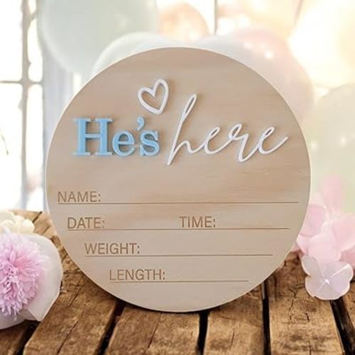 Wooden Birth Announcement Sign, 6 Inch Round Plaque, She’s Here or He's Here Announcement Plaque, Baby Newborn Announcement | Hello World Sign (Hee)