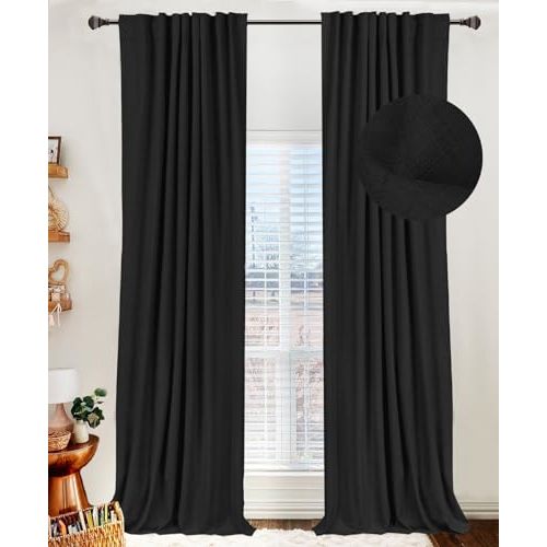 100% Blackout Shield Linen Blackout Curtains for Bedroom 96 Inches Long, Back Tab/Rod Pocket Living Room Drapes, Thermal Insulated Blackout Curtains 2 Panels Set, 50" W x 96" L, Black