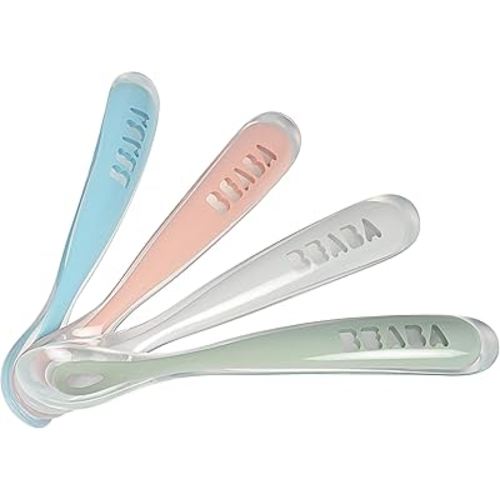 BEABA First Stage Baby Feeding Spoon Set, The Original Soft Tip Silicone Spoons for Babies, Gum Friendly BPA Lead Phthalate and Plastic Free, Great Gift Set (4 Pack), Rose