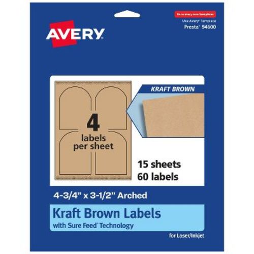 Avery Kraft Brown Arched Labels With Sure Feed, 4.75" X 3.5", 60 Kraft Brown Labels, Print-to-the-edge, Laser/inkjet Printable Labels