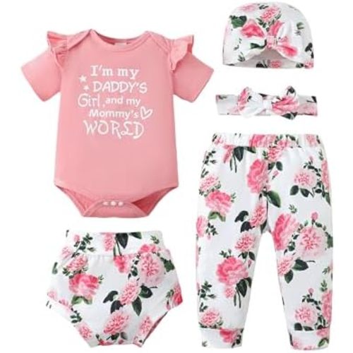 SUNNY PIGGY Baby Girl Clothes Infant Newborn Girls Outfits Romper with Headband Hat Pants Shorts Set 5Pcs