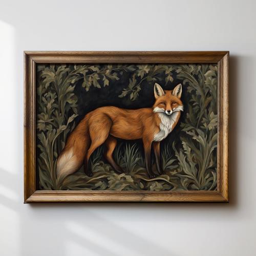 Woodland Fox Art | Woodland Animal Art Print | Dark Cottagecore Art | Fox Nursery Decor | William Morris-Inspired Art