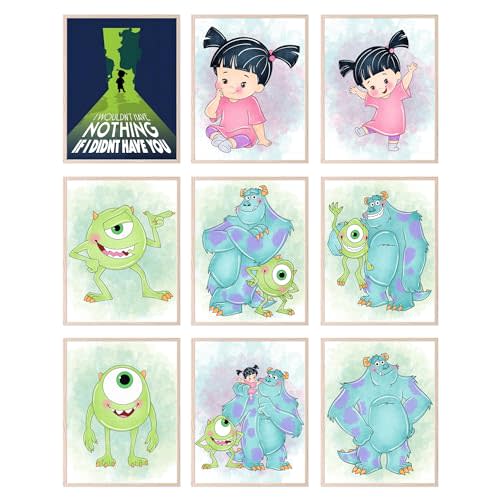 BigWig Prints Monsters Inc. Wall Art - Pixar Character Posters, Sully and Mike Wazowski Art, Kids Room Decor, Cute Colorful Nursery Artwork, Inspirational Quote - Unframed Set of 9 (8x10)