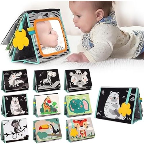 Tummy Time Mirror for Babies - High Contrast Book with Large Stimulating Baby Safe Mirror & Silicone Teether & Crinkle Pages - Perfect Tummy Time Toys for Babies 0 3 6 9 Months