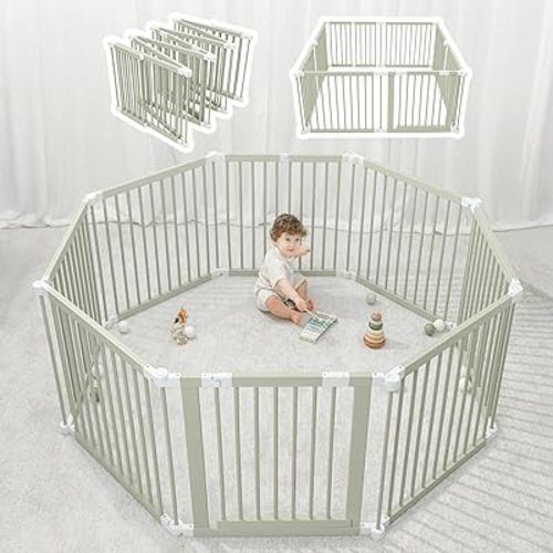 Baby Playpen & Baby Gate for Toddler and Babies, Foldable Wooden Large Shape & Size Adjustable Playard, Play Fence with Locking Gate Activity Center, Toddler Fence Play Area, Sage by Comfy Cubs