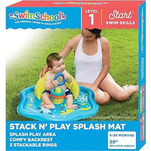 SwimSchool Baby Splash Play Mat – Inflatable Play Pool for Babies & Infants with Backrest – Includes Baby Water Toy Rings– Seafoam Blue Lemon