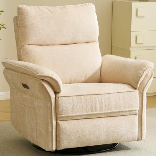 Oversized Power Recliner Chair Swivel Glider with Massage and Heat, Rocker Nursery Recliner for Adults with Adjustable Headrest, 24" Extra Wide Nursery Chair with Overstuffed Armrest,Beige