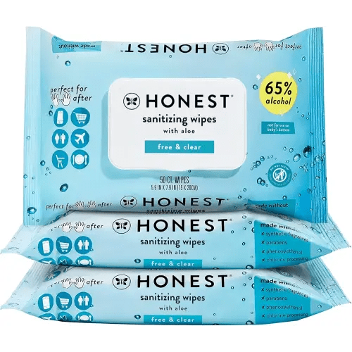 The Honest Company Fragrance Free Sanitizing Alcohol Wipes | Antibacterial + Safe for Hands | Kills 99% of Germs, Made With Aloe | 150 Count (3 Packs of 50)