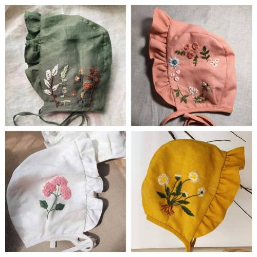 Hand Embroidered Baby Sun Bonnet, Vintage Baby Summer Sun Hat, Cute Baby Shower Gift, Floral Linen Bonnet, Baby Girl Bonnet