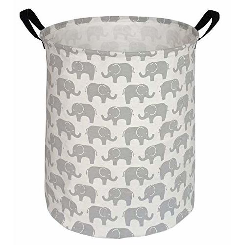 HUAYEE 19.7 Inches Laundry Hamper Toys Box Storage Bins Canvas Waterproof Collapsible Clothes Organizer Basket with Handle Freestanding Large Cute Light Weight for Home Kids Baby Room (Grey Elephant)