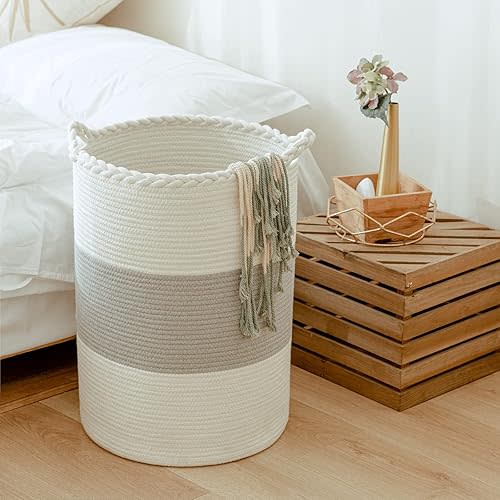 72L Woven Laundry Basket,Tall Wicker Laundry Basket for Blankets,Clothes,Pillows,Toys,Shoes Large Cotton Laundry Hamper for Bedroom,Living Room,Bathroom