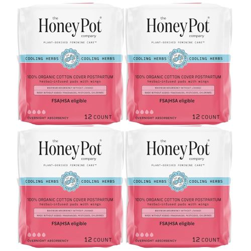 The Honey Pot Company - 48ct - Herbal Postpartum Pads w/Wings - Infused w/Essential Oils for Cooling Effect, Organic Cotton Cover, & Ultra-Absorbent