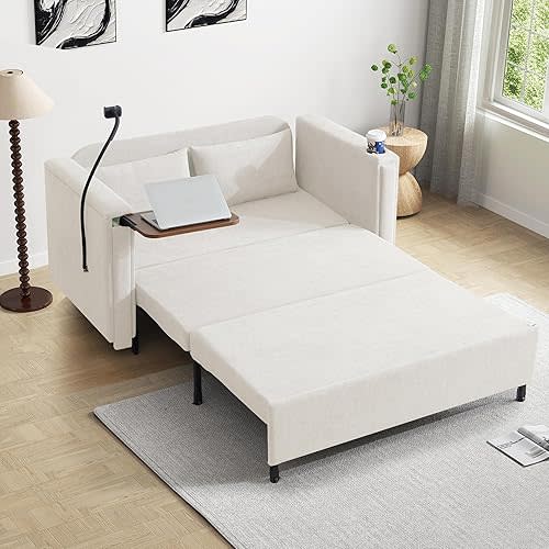 3-in-1 Convertible Sleeper Sofa Couch with Pullout Bed, Loveseat Sleeper Sofa Bed with Hidden Side Table, 56" Full Size Folding Futon Couch for Living Room Guest Room Apartment Home Office (Beige)