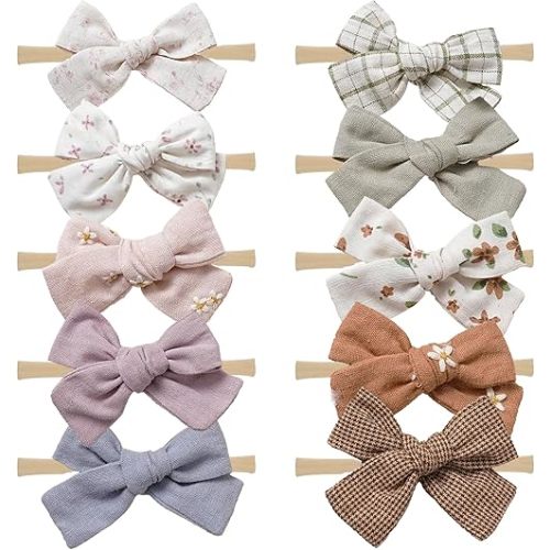 Baby Girl Bows and Headbands,10 pcs Stretchy Soft Nylon Hairbands Hair Bows for Newborns, Infants, Toddlers - Handmade Baby Hair Accessories for Girls Gifts