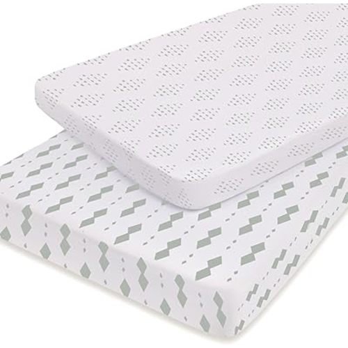 Ely's & Co. Pack N Play Fitted Playard Sheets - Breathable 100% Jersey Knit Cotton - Unisex Mini Crib Mattress Cover - Grey Sage Diamond - 2 Pack Set