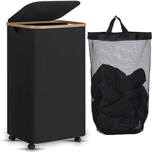 Laundry Basket with Wheels, Rolling Laundry Basket with Lid and Removable Bag, Dirty Clothes Basket with Wheels for Laundry Room, Bedroom & Bathroom, 100L (26.4 Gallon) Black
