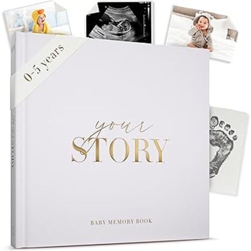 Baby Memory Book & Keepsake Journal for Boys or Girls | Baby Book from Birth to Age 5 | Gold Foil Hardcover, Photo Spaces & Milestones | Unisex Baby Scrapbook