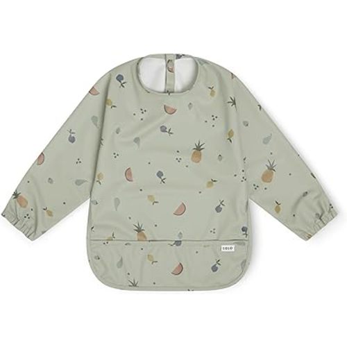 Lalo Smock Bib - Long Sleeve Baby Bib, Elastic Cuffs for Comfort, Large Catch-All Pocket, Waterproof Recycled Polyester - Durable Baby Smock Bib for Mealtime - Ages 6-24 Mo. - Fruit Print Sage
