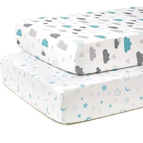 TILLYOU Baby Crib Sheets for Boys Girls, Fitted Crib Sheet 2 Pack for Standard Crib and Toddler Mattresses, Super Soft Toddler Bed Sheets, 28"x52"x8", Blue Clouds & Blue Stars