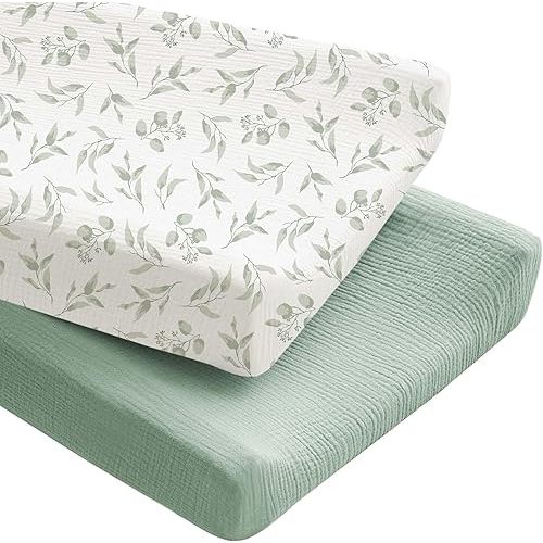 Konssy 2 Pack Muslin Changing Pad Covers for Boys, Ultra Soft & Breathable Cotton Baby Diaper Changing Table Covers, Neutral Nursery Diaper Changing Pad Sheets (Green, Green Leaves)
