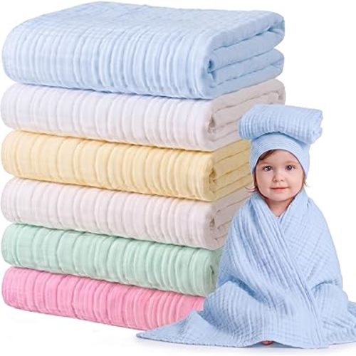 Chumia 6 Pack Baby Muslin Bath Towels Set – Large 43.3x43.3 Inch 6 Layers Soft Cotton Breathable Quick Dry Swaddle Blankets for Newborns, Infants, Toddlers (Multicolor)