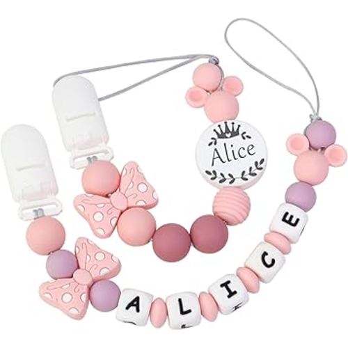 Personalized Pacifier Clip with Name, Customizable Pacifier Clip (2 Pack) (Mouse-Pink)