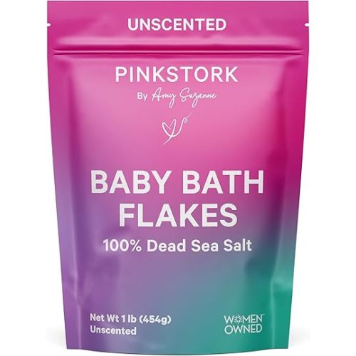 Pink Stork Baby Bath Flakes, Calming Fragrance Free Magnesium Bath Salts for Infants and Toddlers to Help Soothe Diaper Rash, Irritation, and Support Restful Sleep Without Melatonin - 16 oz
