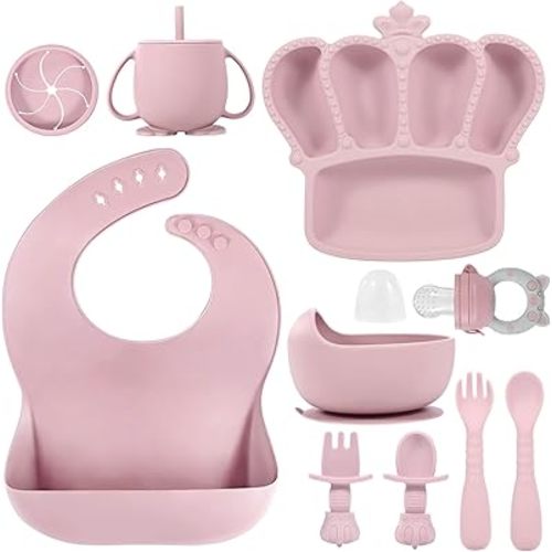 Silicone Baby Feeding Set, 10 Pcs Baby Led Weaning Supplies Suction Bowl Divided Plate Baby Bibs Fruit feeder Pacifier Baby Spoons Forks Sippy Cup Utensil Sets Baby Essentials for Newborn Gift Pink