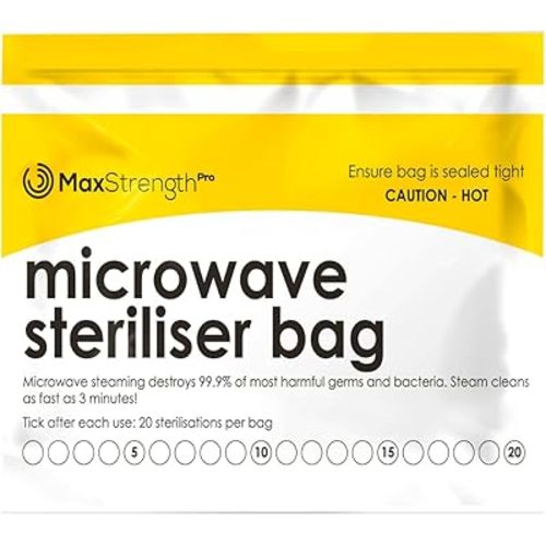 Premium Microwave Sterilizer Bags (20pcs) by Max Strength, Large & Durable Steam Bags for Baby Bottles, Soothers, Teethers & Training Cups, 20 Uses Per Bag & Marking System