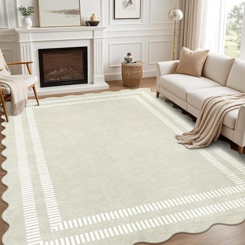 Washable 8x10 Area Rugs for Living Room, Solid Ivory Large Bedroom Rug Non-Slip Dining Room Rugs, Soft Scalloped Carpet for Nursery Kids Room Office