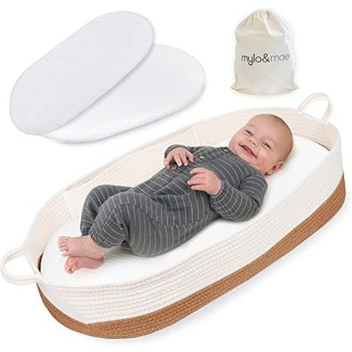 Baby Changing Basket - Portable Cotton Rope Baby Moses Basket for Diaper Changes with Anti-Slip Base, Convenient Side Pockets, and Waterproof Baby Changing Pad, Changing Table Topper for Dresser