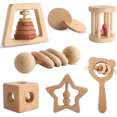 Wooden Rattles for Baby, 7PCS Wooden Montessori Toys for 7-24 Months Baby Boy Girl, Natural Beech Wood Grasping Toy, Gift for Babies