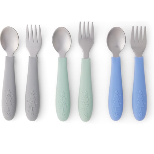 Elk and Friends Kids Silverware with Silicone Handle | Childrens Safe Flatware | Toddler Utensils | Baby Spoons + Forks | Stainless Steel Cutlery