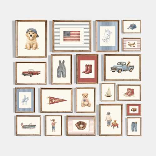 Americana Nursery Wall Art Set, Vintage Kids Room Decor, Patriotic Nursery Prints, 40+ Boys Room Gallery Wall Bundle