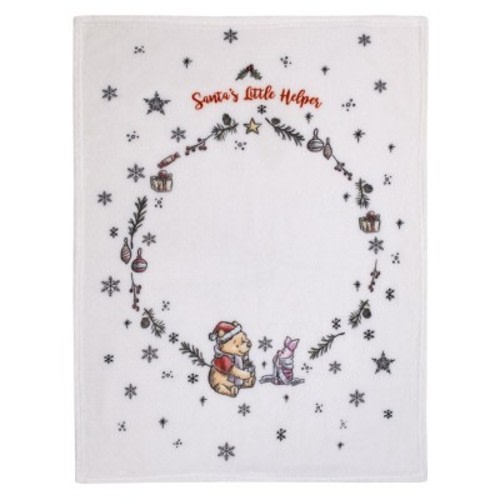 Disney Winnie the Pooh and Piglet White, Red, and Green Christmas Holiday Wreath "Santa's Little Helper" Photo Op Super Soft Baby Blanket