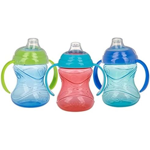Nuby 3 Piece No-Spill Grip N’ Sip Cup with Soft Flex Spout, 2 Handle with Clik It Lock Feature, Boy, 10 Ounce
