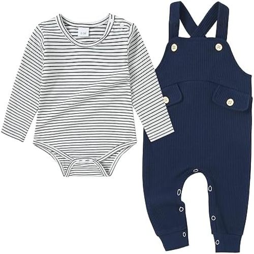CARETOO Newborn Baby Boy Clothes Infant Boy Romper Fall Winter Outfits Bodysuit 2Pcs Striped Long Sleeve Top Overalls 0-18M