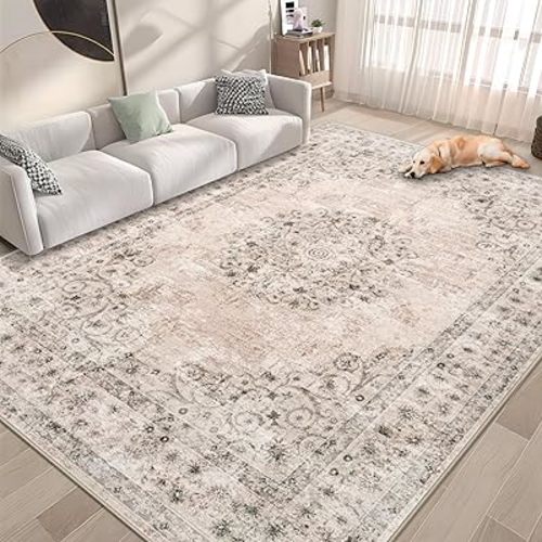 Area Rug 6x9 Vintage Rug: Washable Indoor Medallion Rugs Low Pile Distressed Floor Carpet Retro Accent Rug for Living Room Bedroom Kitchen Dining Table Home Office(Distressed Brown, 6'x9')
