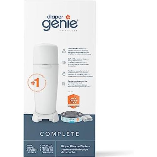Diaper Genie Complete Diaper Pail System, White - AMAZON EXCLUSIVE - includes 4 Carbon Filters and 1 refill
