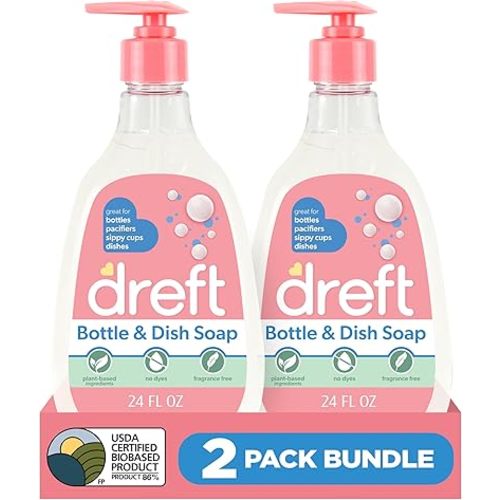 Dreft Baby, Bottle and Dish Soap, Removes Milk Film & Odor, Plant Based, Fragrance Free, Travel Size Bottles, 24 Fl Oz (Pack of 2)