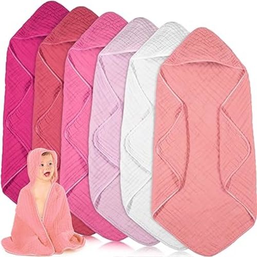 Peryiter 6 Pcs Muslin Hooded Baby Towels,32"x 32" Cotton Newborn Bath Towel Muslin Infant Baby Towels Absorbent Unisex Hooded Blankets,Newborn Registry Baby Gift for Girls Boys (Pink)