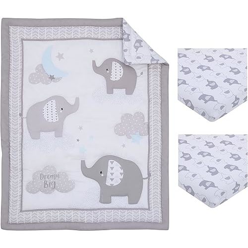 NoJo Little Love Elephant Stroll Dream Big Clouds and Stars with Chevron Border 3 Piece Nursery Mini Crib Bedding Set - Comforter, and Two Fitted Mini Crib Sheets