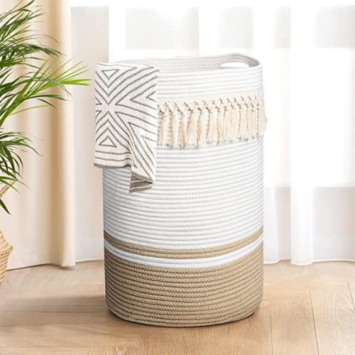 AELS 15"x15"x22" Rope Boho Decor Basket Woven Baby Bathroom Tall Basket for Blankets Toys Storage Basket Bathroom with Handle Comforter Cushions Storage Bins Thread Laundry Hamper-Brown and White - 15"x15"x22" - Tall